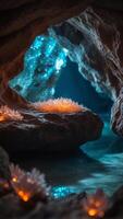 A bioluminescent cave with an empty glowing platform surrounded by crystal formations. photo