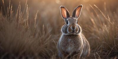 A rabbit with glowing eyes bounding through a field of tall, silver grass. photo