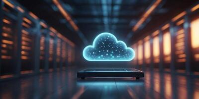 Glowing cloud symbol hovering over a futuristic server room illustrating the concept of cloud computing in the digital age. photo