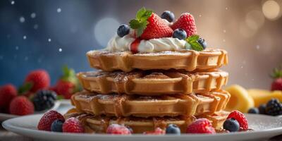 Indulge in a stack of waffles adorned with fresh fruit and clouds of whipped cream. photo