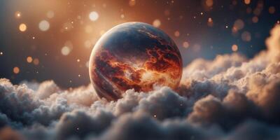 A planet covered in a swirling sea of clouds that never part, hiding the surface below. photo