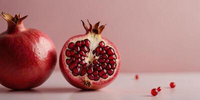 Half of a pomegranate on a pink background. photo