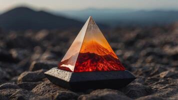 A black pyramid shaped object floating on top of a body of magma. photo