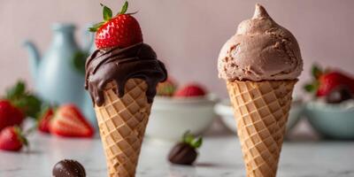 An ice cream cone with chocolate and strawberry flavors in a sweet cold and delicious for summer desserts. photo