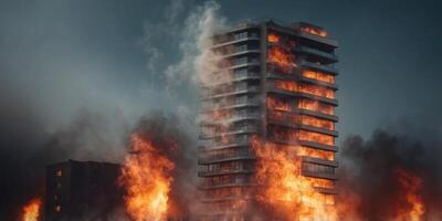 A building is on fire and smoke is billowing out of it. photo