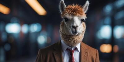 A cool alpaca in a business suit in cyberpunk style. photo