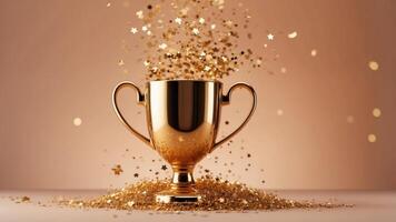 Golden blank winners cup with golden stars confetti flying out on a peach fuzz color background. photo