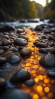 A river of light flowing through a canyon of floating stones, illuminating the way. photo