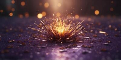 A burst of glowing neon shards exploding from the center of a purple surface. photo