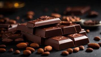 Assorted chocolate bars and cocoa beans on dark surface. photo