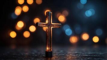 Glowing Cross of Light Shining in the Darkness Symbolic of Hope and Illumination. photo