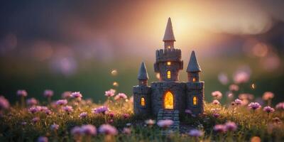 A castle made of enchanted stone, glowing with magical energy above a field of flowers. photo