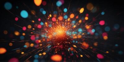 A bright, glowing burst of abstract shapes in neon colors on a black surface. photo