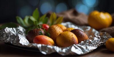 a bunch of food that is on top of a piece of tin foil with some leaves on top of it. photo