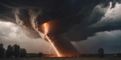 A Powerful Tornado Forms Under a Dramatic Stormy Sky. photo
