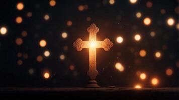 Glowing Cross of Light Shining in the Darkness Symbolic of Hope and Illumination. photo