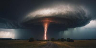 A Powerful Tornado Forms Under a Dramatic Stormy Sky. photo