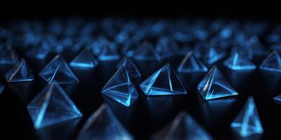 A pattern of glowing blue triangles on a black surface with neon accents. photo