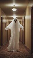 A cute sheet ghost in a hallway of a vintage retro hotel corridor. photo