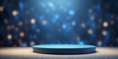 An empty podium scene for a product presentation with blue dramatic lighting strikes. photo