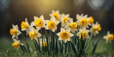 A bright and cheerful image of yellow daffodils with a blurred background of green grass. photo