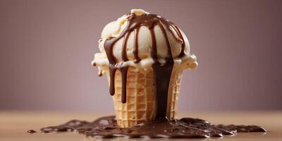 appetizing vanilla ice cream with melted chocolate falling on it with a bright color studio background. photo