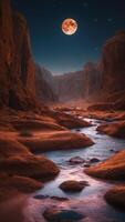 A neon river cutting through a desert of alien rock formations under twin moons. photo