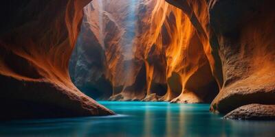 A canyon with rivers of glowing liquid flowing through its depths, illuminating the walls. photo