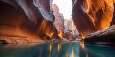 A canyon with rivers of glowing liquid flowing through its depths, illuminating the walls. photo