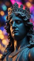 Colorful neon lighting on classical sculpture with a crown. photo