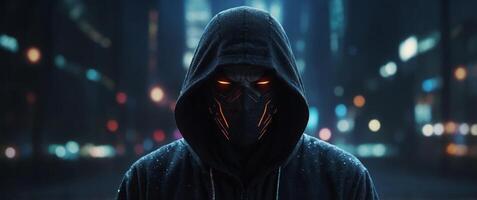 mysterious anime character hooded figure with partially obscured face intense gaze visible dark atmospheric background with hints of neon accents. photo