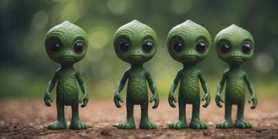 Four green aliens with different features and expressions. photo