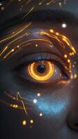Captivating Cybernetic Eye with Neon Circuits and Holographic Displays in Futuristic Face. photo