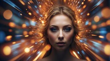 An colorful swirl of light and color with a face in the center. photo