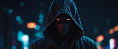mysterious anime character hooded figure with partially obscured face intense gaze visible dark atmospheric background with hints of neon accents. photo