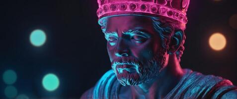Bust of a classical statue with a glowing neon crown and bubble gum. photo