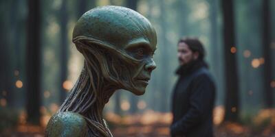 Alien encounter in the heart of the forest a mysterious meeting that merges the unknown with the familiar. photo