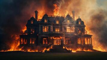 A large mansion is on fire, with flames engulfing the building and smoke billowing into the sky. photo