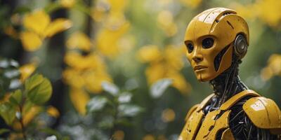 A robotic figure covered in foliage and wearing a yellow cloth. photo