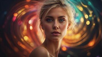 An colorful swirl of light and color with a face in the center. photo