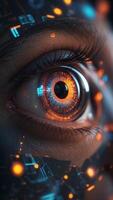 Cybernetic Eye with Neon Circuits and Holographic Displays in Futuristic Face Concept. photo