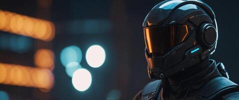 A futuristic hero in a dark suit and helmet stands ready. photo