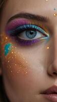 Mesmerizing Close Up of Colorful Makeup Blending on Striking Eye. photo