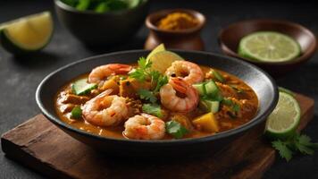 Shrimp curry flavored with tangy dried mango and Indian spices garnished with coriander and served with cucumber slices Ideal for a copy space image. photo