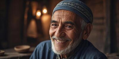 Elderly Moroccan man smiling in a traditional workshop. photo