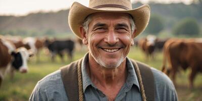 smiling farmer working on the farm with cows. photo