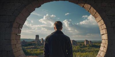 Man looking at the cloudy sky through a circular window of ruined wall plans for the future conceptual background. photo