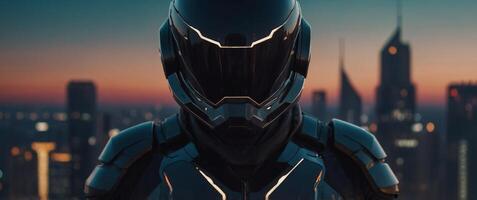 A futuristic hero in a dark suit and helmet stands ready. photo
