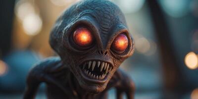 A strange looking alien with a large head and a mouth with sharp teeth. photo