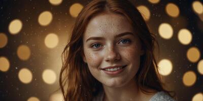 Smiling girl with freckles on a sparkling background. photo
